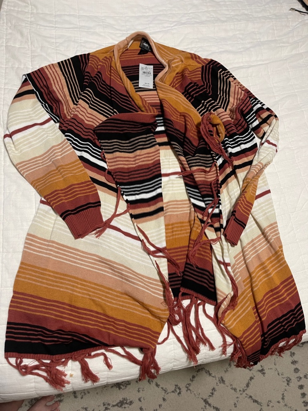 Buckle Multicolor Striped Fringe Open Cardigan - Rust, Mustard, Cream, Black
